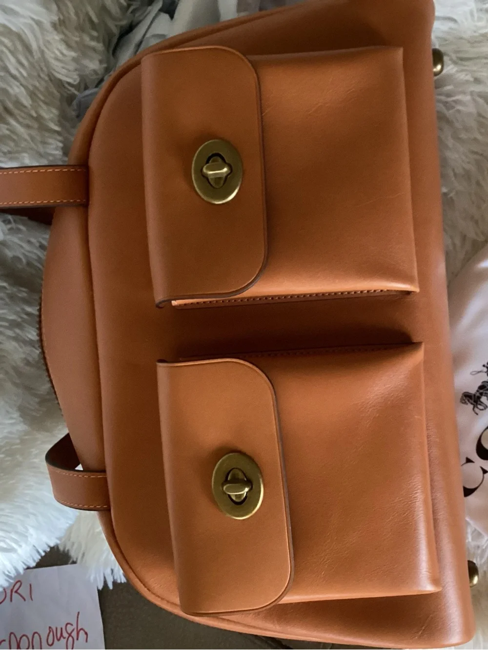 Coach Turnlock Toffee Leather Double Pocket Satchel
